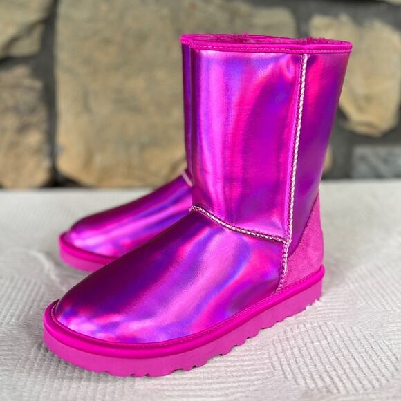 NEW Womens Size 6 UGG Iridescent Pink Classic Short Leather Suede Metallic Boot - Picture 6 of 11